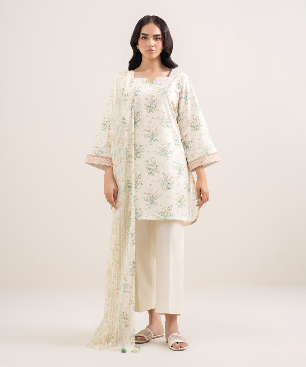 Women's Unstitched Lawn Printed Off White 3 Piece Suit