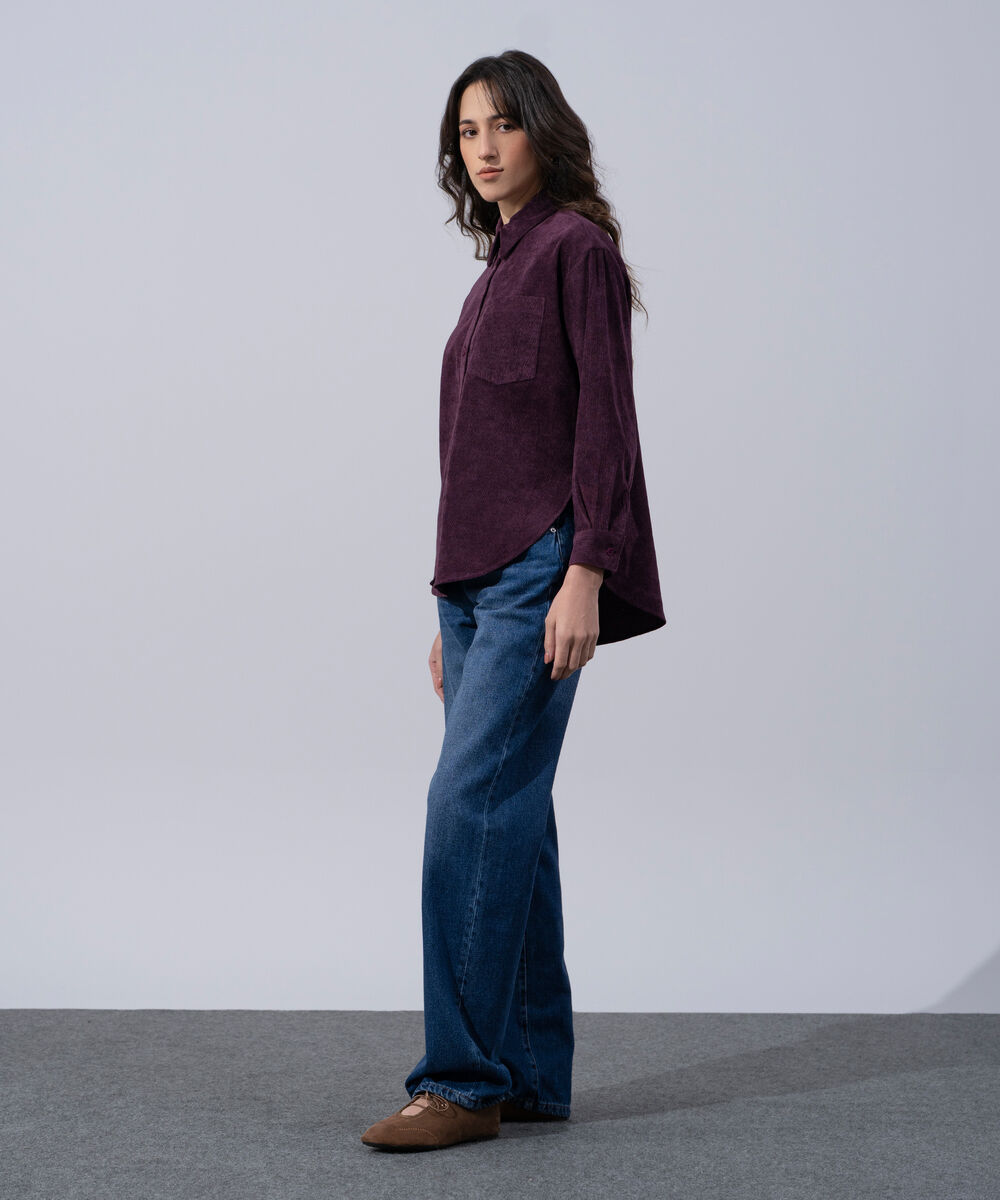Women's Western Wear Plum Polyester Button Through Corduroy Shirt
