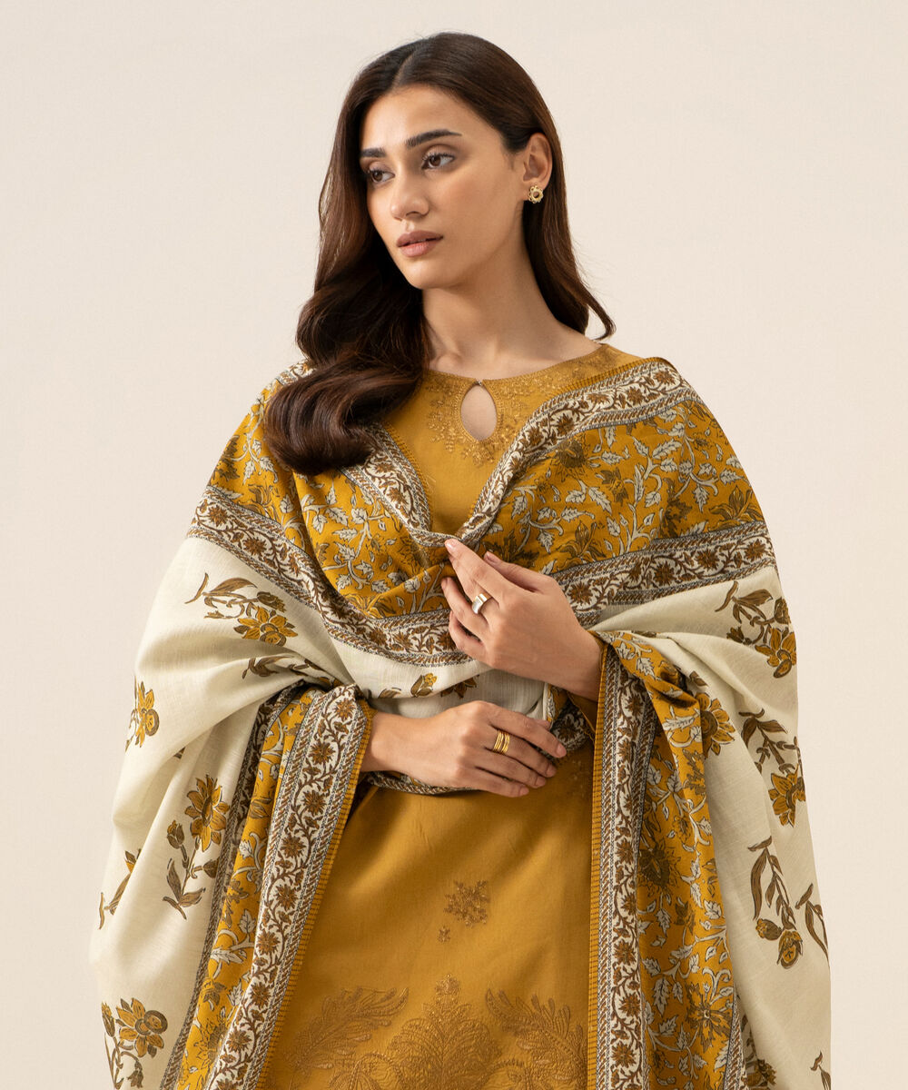 Women's Unstitched Basic Khaddar Embroidered Mustard 3 Piece Suit