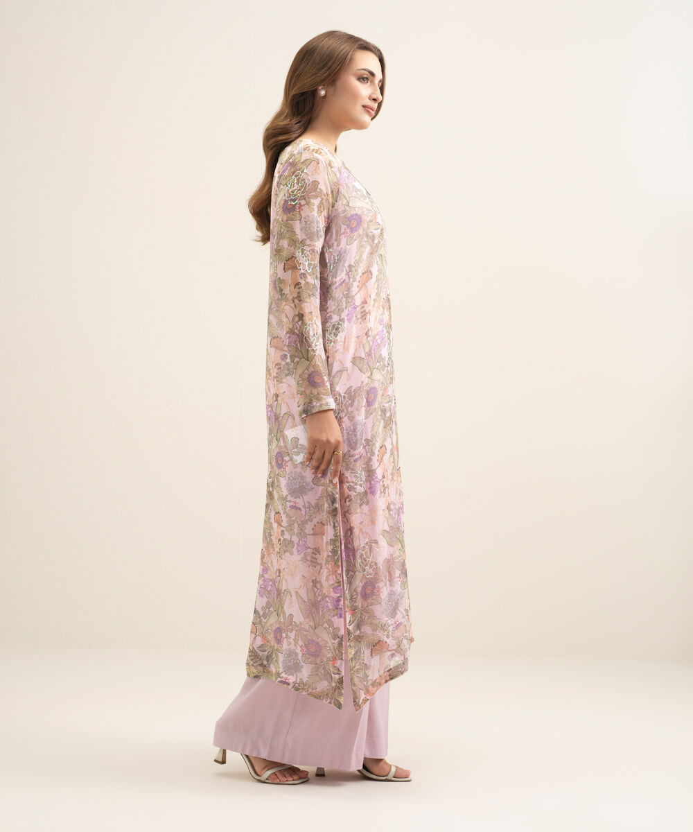 Women's RTW Blended Chiffon Embroidered Pink 2 Piece Suit