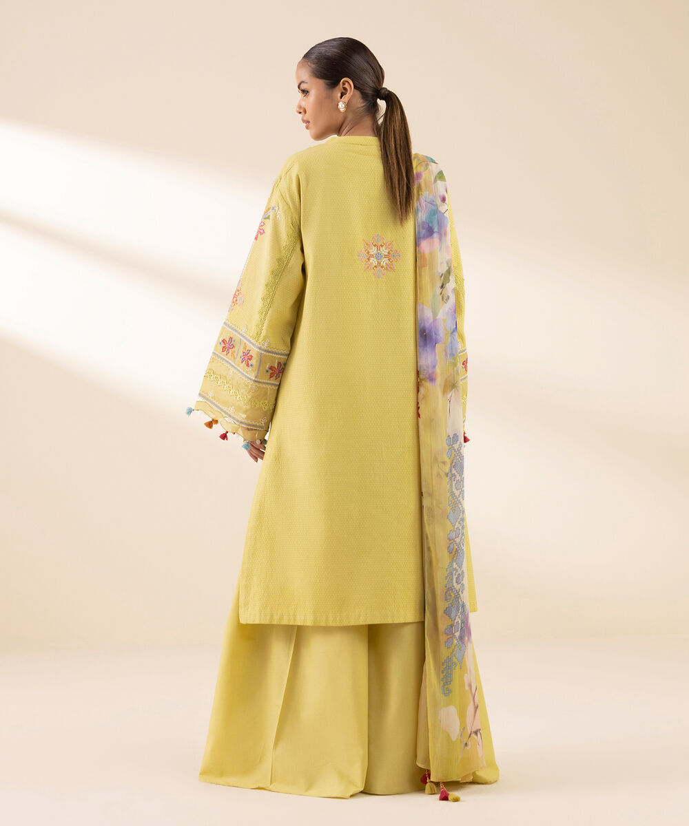 Women's Unstitched Dobby Embroidered Yellow 3 Piece Suit