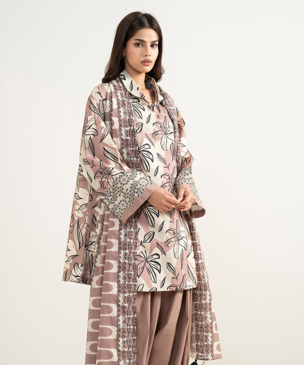 Women's Unstitched Lawn Printed Pink 3 Piece Suit