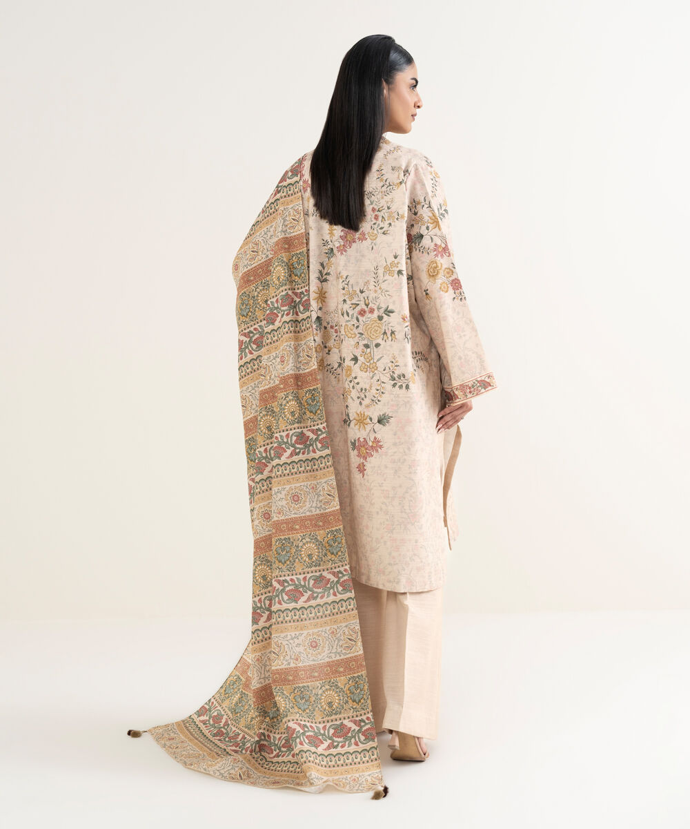 Women's Unstitched Printed Khaddar Beige 3 Piece Suit