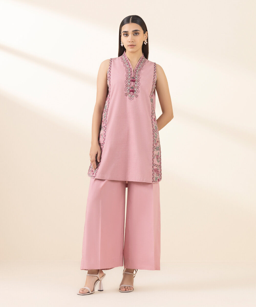 Unstitched Women's Pink Dobby Embroidered Shirt Trousers