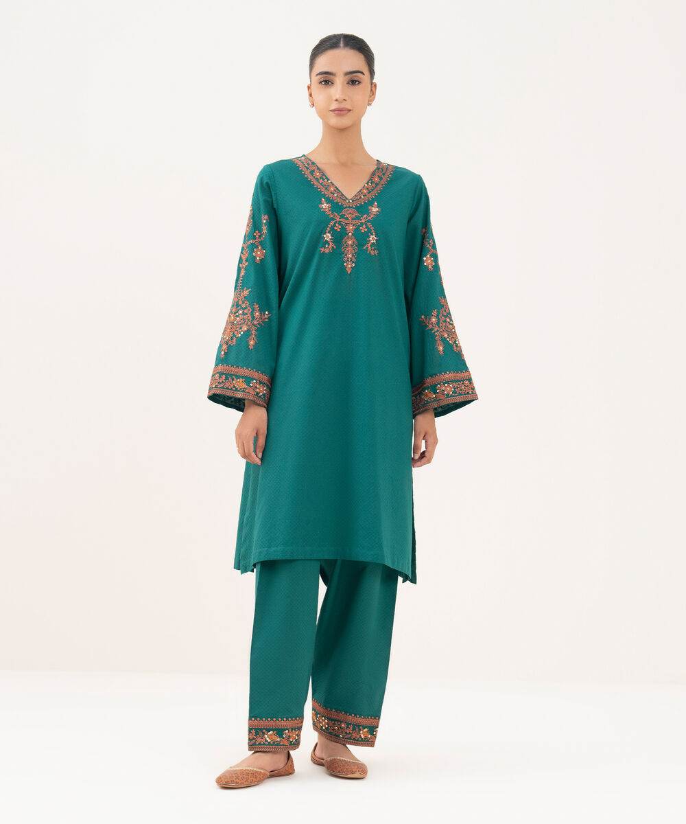 Women's RTW Textured Lawn Green Embroidered A-Line Shirt
