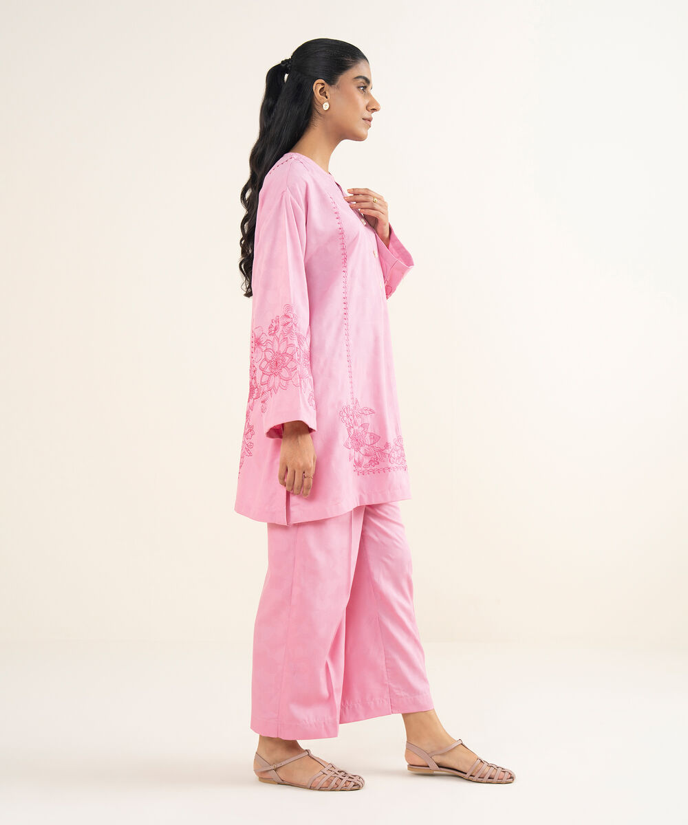 Women's RTW Self Jacquard Leno Embroidered Pink Drop Shoulder Shirt