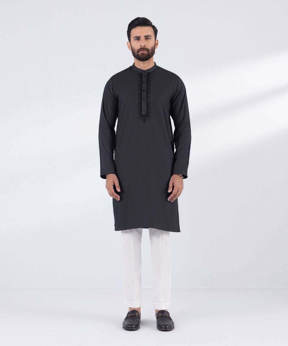 Men's Blended Stitched Embroidered Grey Kurta