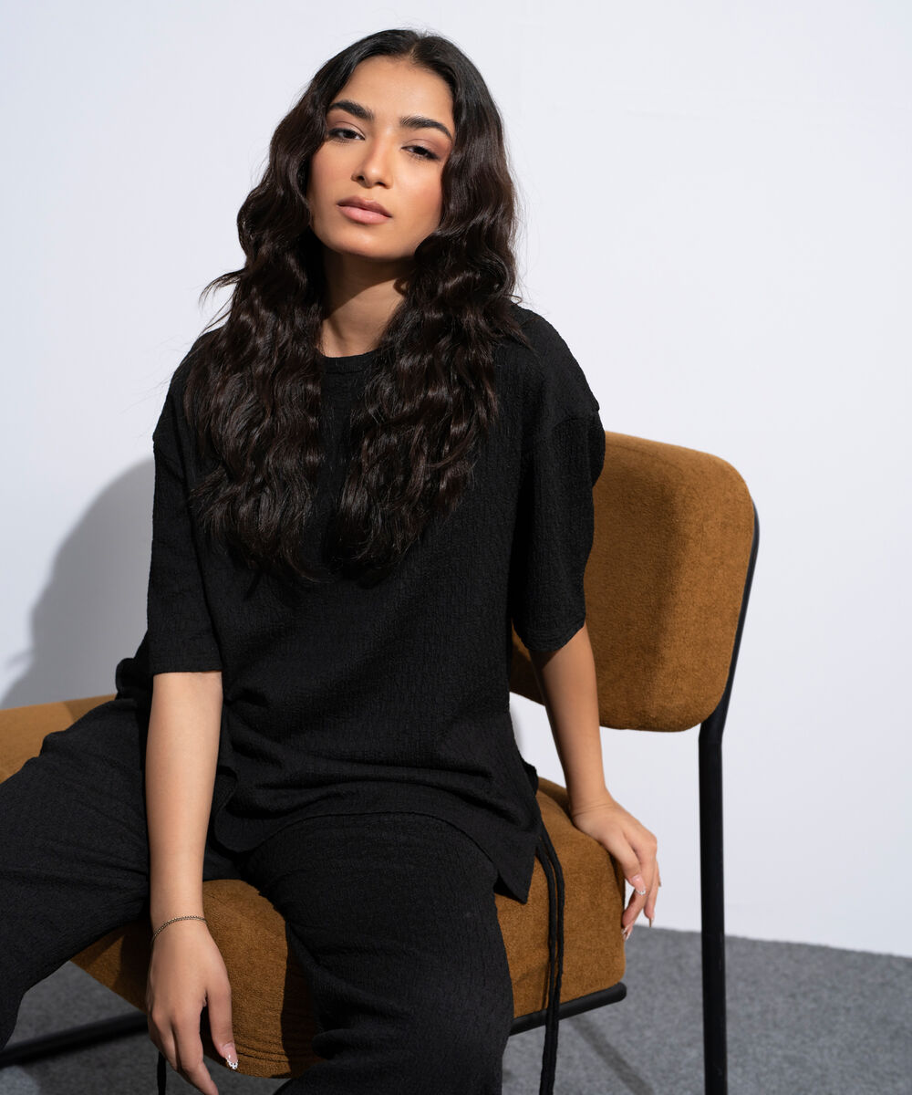 Women's Black Loose Fit Textured T-Shirt