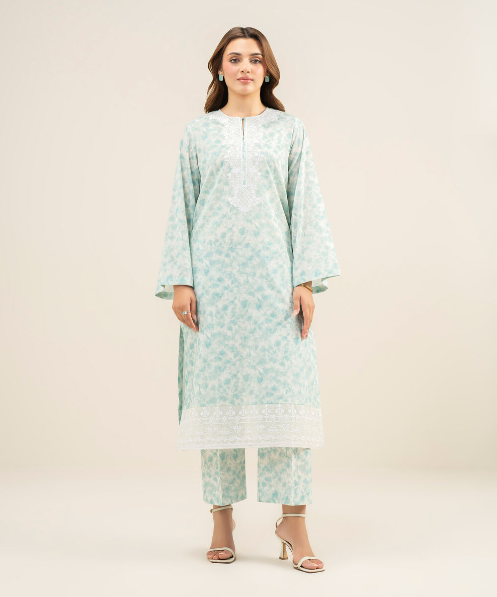 Women's Unstitched Lawn Embroidered Aqua  2 Piece Suit