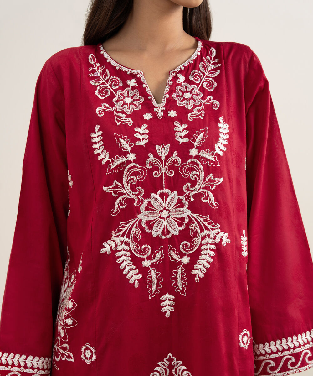 Women's RTW Self Jacquard Embroidered Red A-Line Shirt