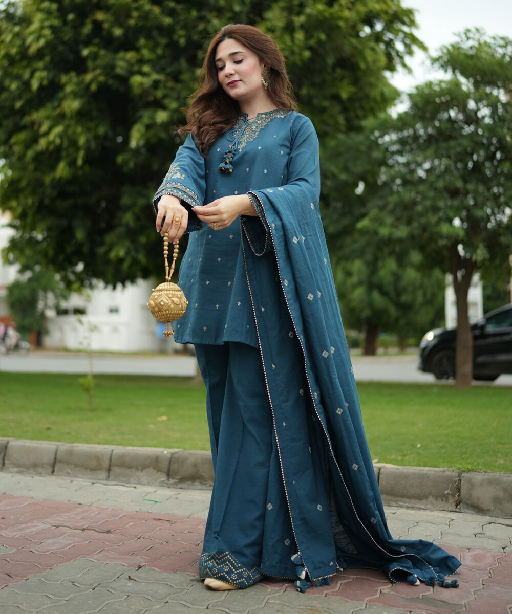 Women's Unstitched Cotton Embroidered Blue 3 Piece Suit