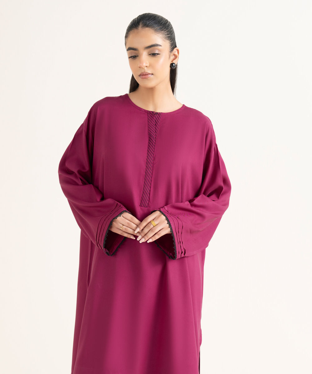 Women's RTW Cotton Viscose Solid Drop Shoulder Pink Shirt