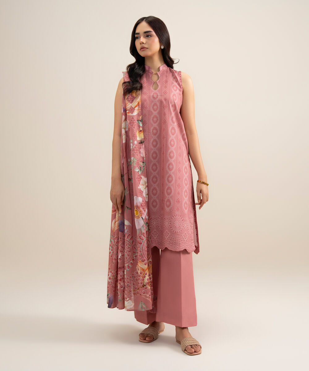 Women's Unstitched Lawn Printed Peach 3 Piece Suit