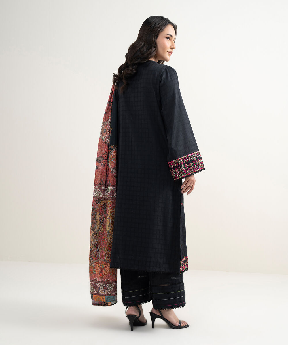 Women's RTW Dobby Embroidered Black 3 Piece Suit