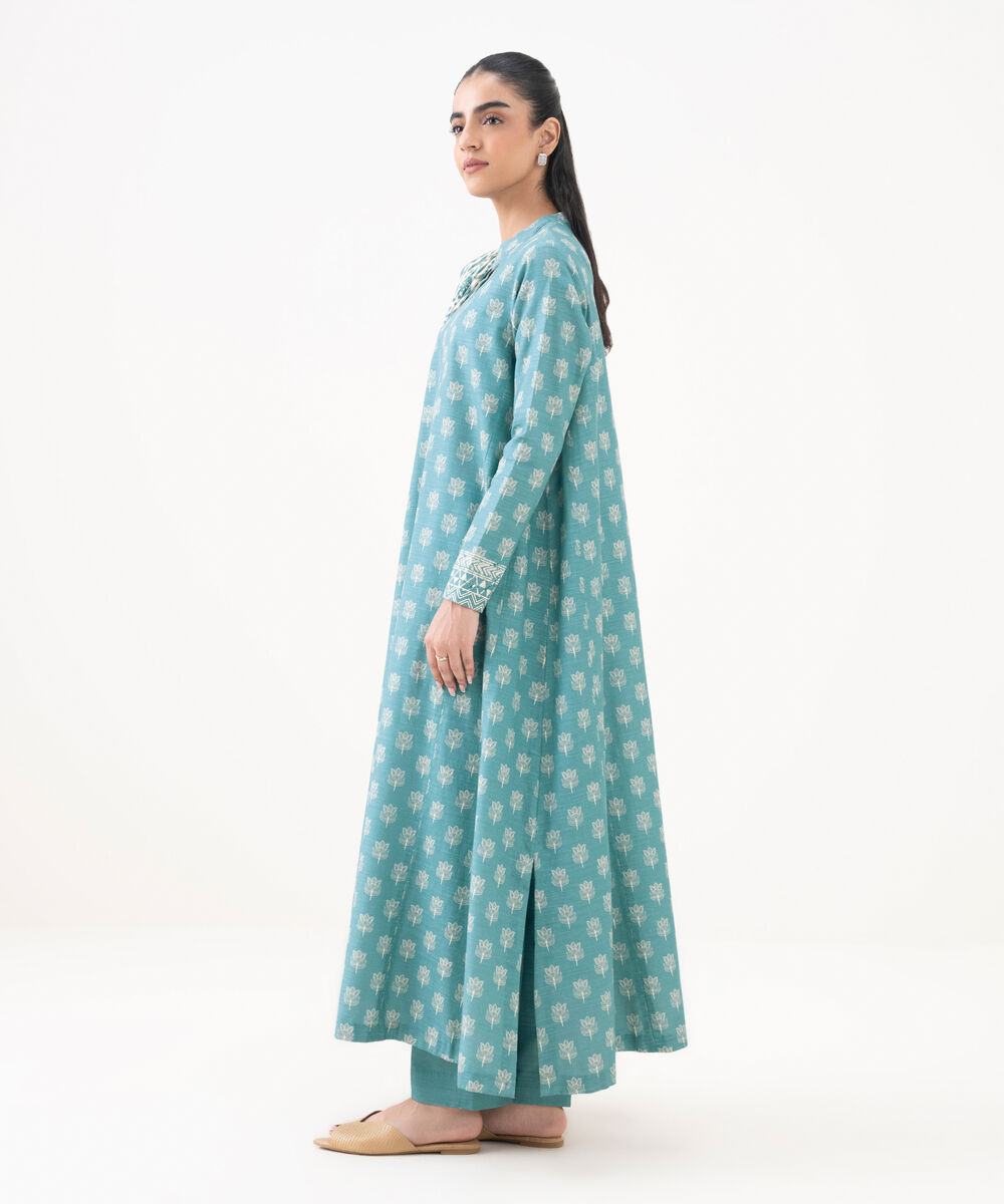 Women's Unstitched Khaddar Printed Blue 3 Piece Suit