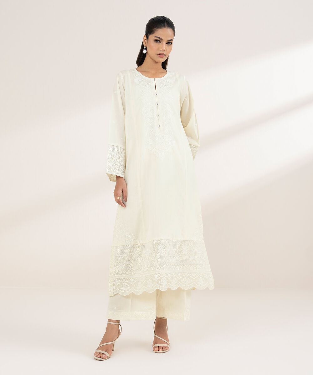 Women's RTW Dobby Beige Embroidered A-Line Shirt