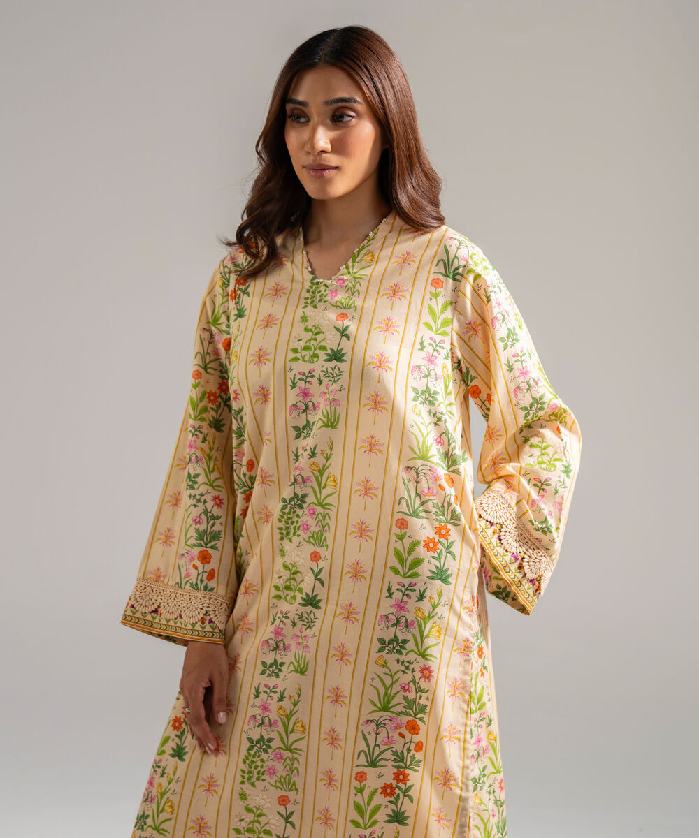 Women's RTW Slub Lawn Printed Beige Straight Shirt