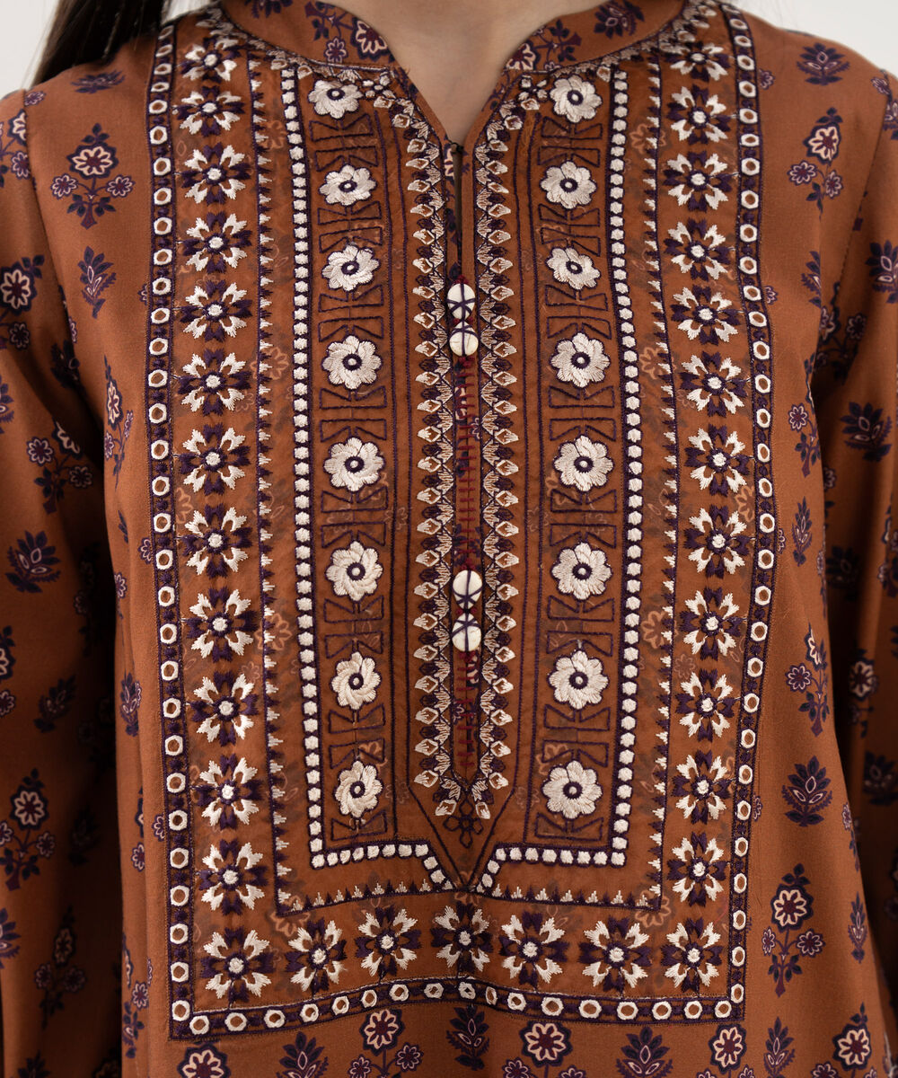 Women's Unstitched Light Linen Printed Brown 3 Piece Suit