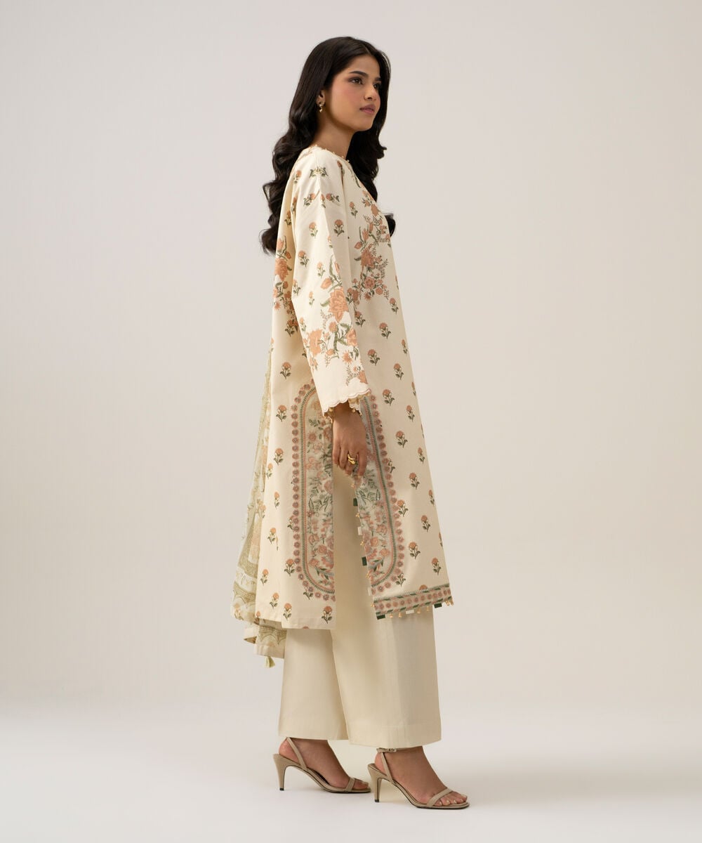 Women's Unstitched Bemberg Tissue Printed Off White 3 Piece Suit