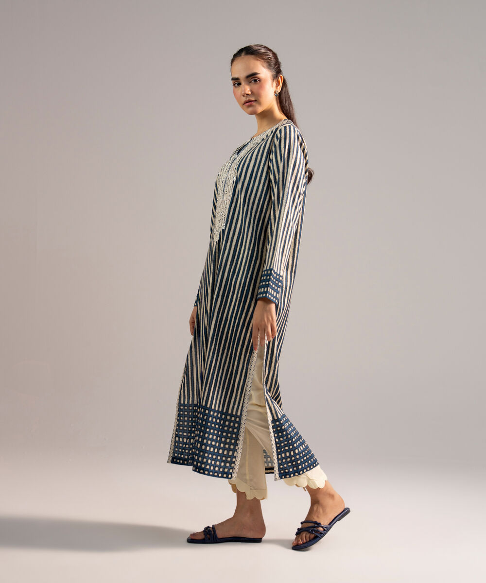 Women's RTW Cotton Viscose Embroidered Blue A-Line Shirt