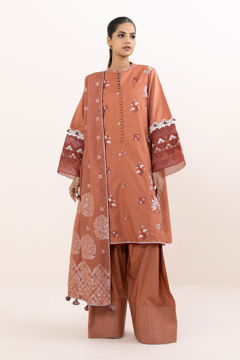 3 Piece - Embroidered Cotton Satin Suit