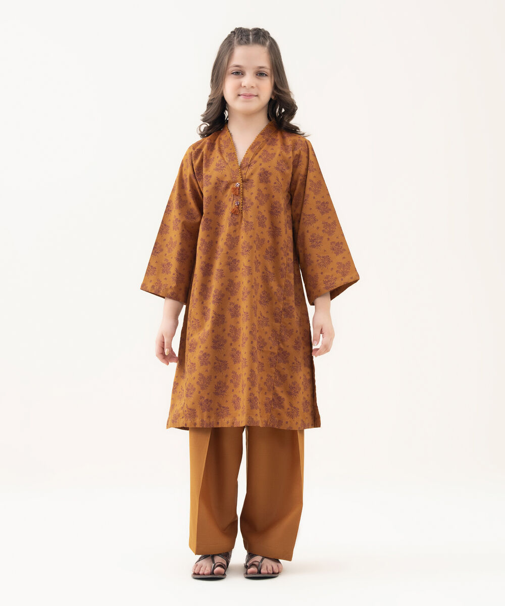 Girl's Cotton Viscose Printed Brown 2 Piece Suit