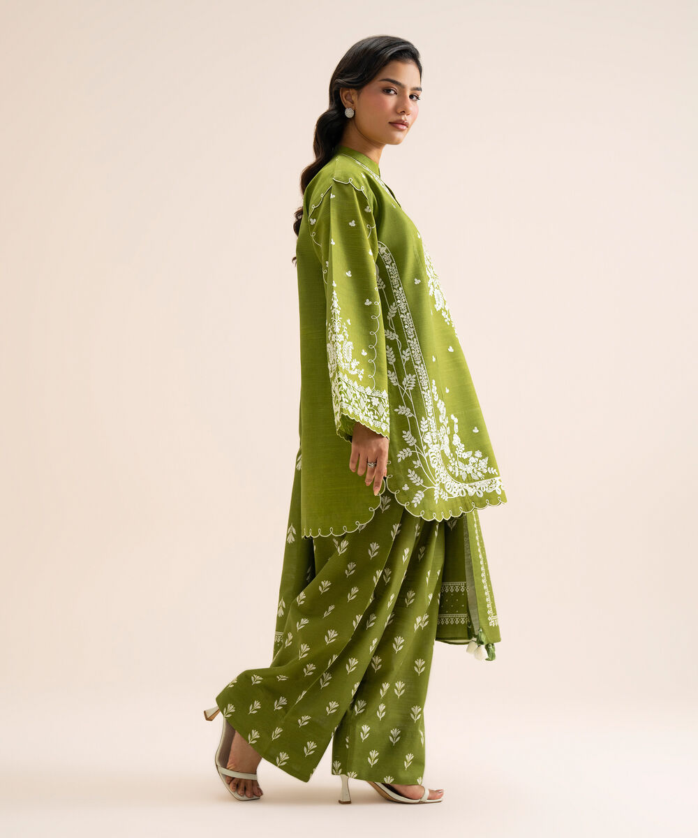 Women's Unstitched Light Khaddar Embroidered Olive Green 3 Piece Suit