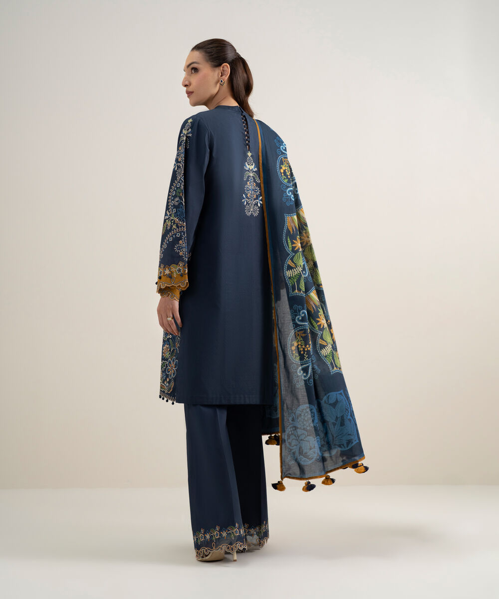 Women's Unstitched Dobby Embroidered Blue 3 Piece Suit