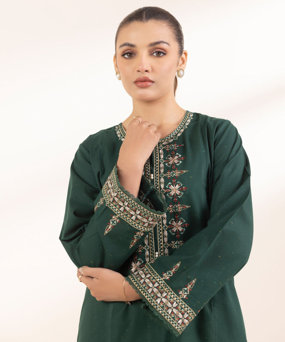 Women's Pret Multineps Green Embroidered A-Line Shirt