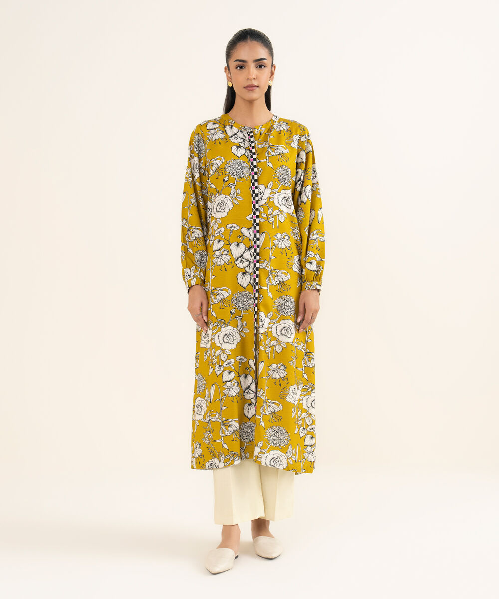 Women's RTW Herringbone Printed Mustard Front Open Jacket