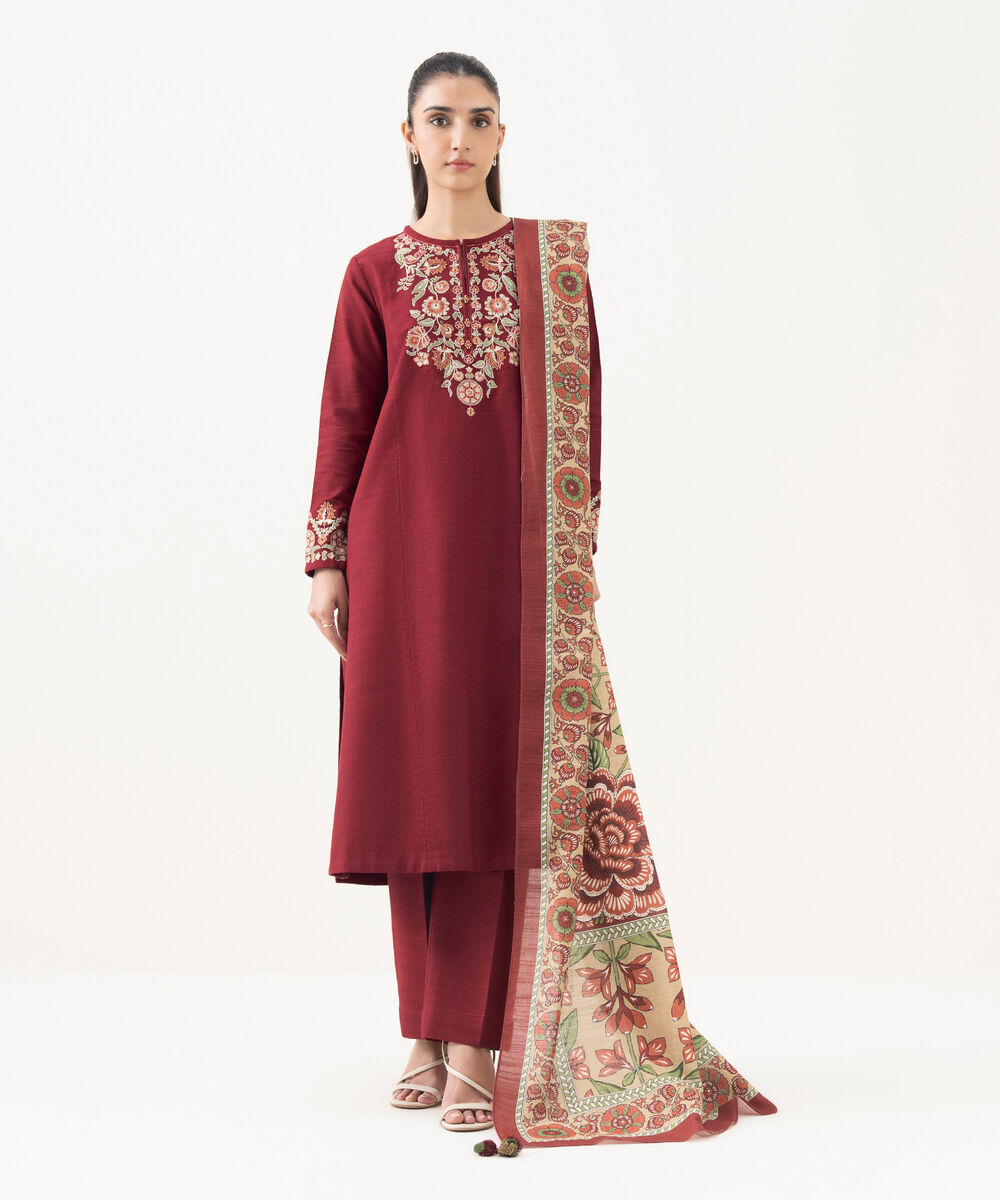 Women's Unstitched Cotton Embroidered Red 3 Piece Suit
