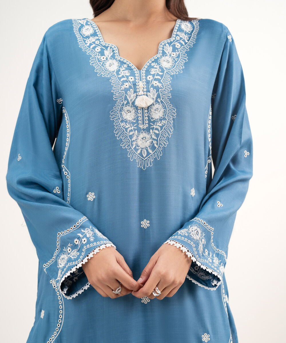 Women's RTW Viscose Raw Silk Embroidered Blue 2 Piece Suit