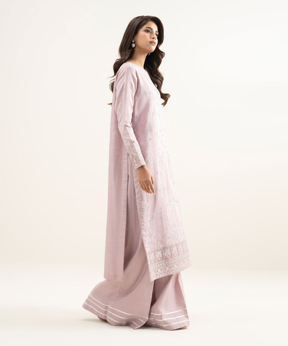 Women's Unstitched Raw Silk Embroidered Purple 3 Piece Suit