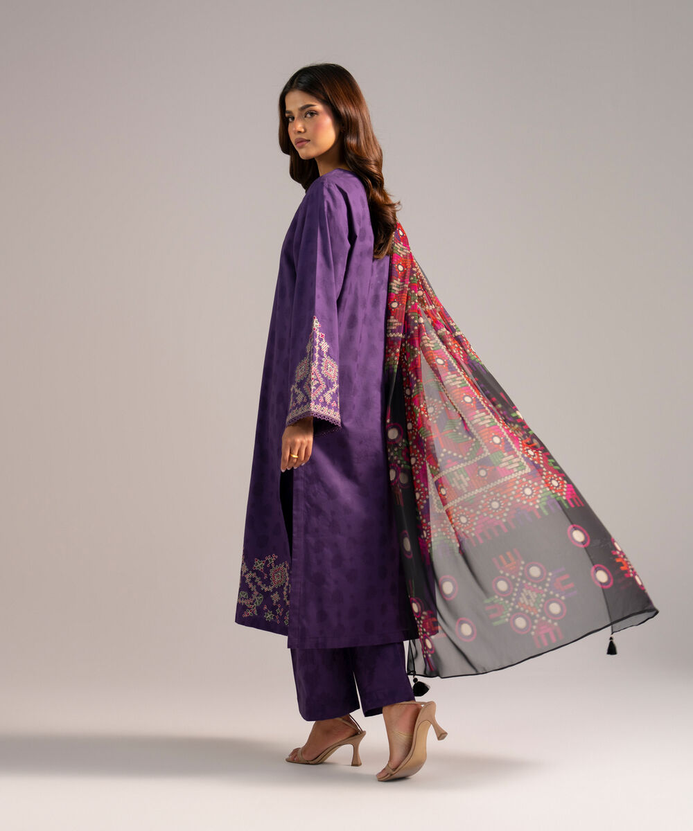 Women's RTW Self Jacquard Embroidered Purple 3 Piece Suit