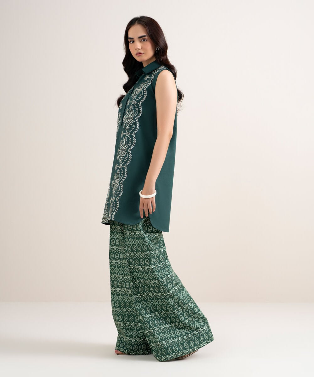 Women's Unstitched Cotton Embroidered Green 2 Piece Suit