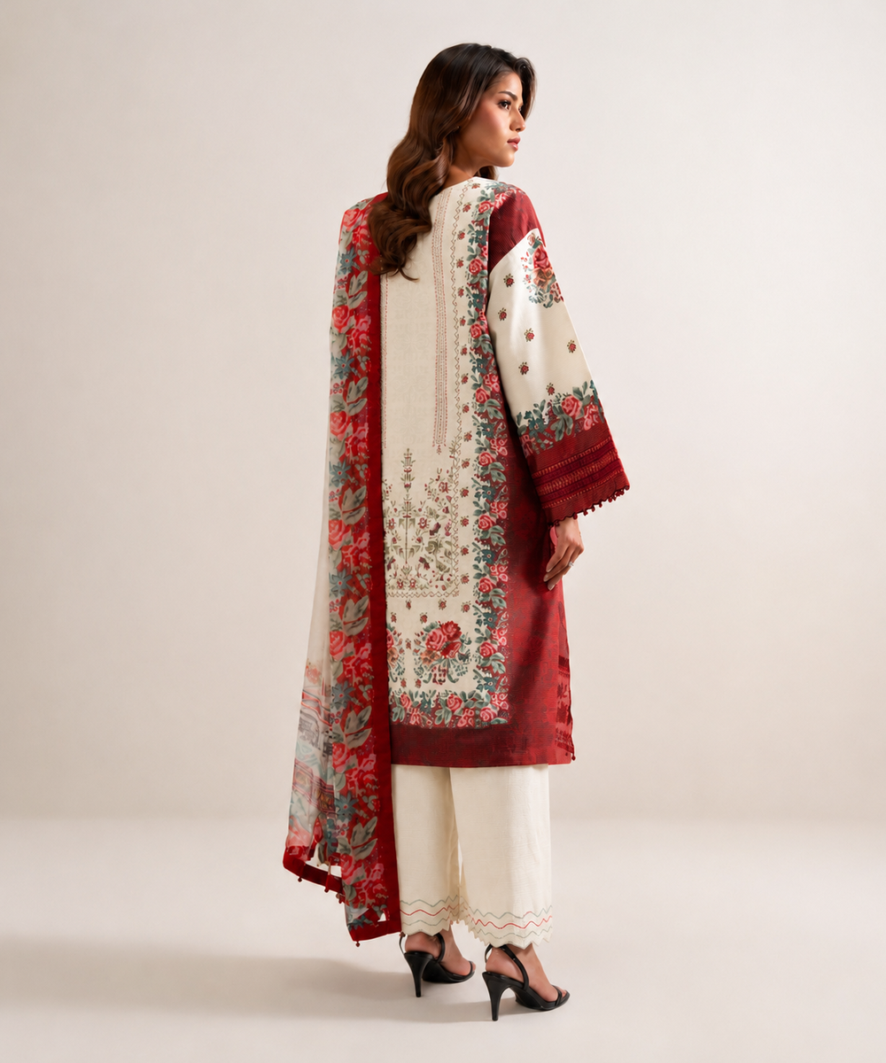 Women's Unstitched Zari Cotton Embroidered Multi 3 Piece Suit