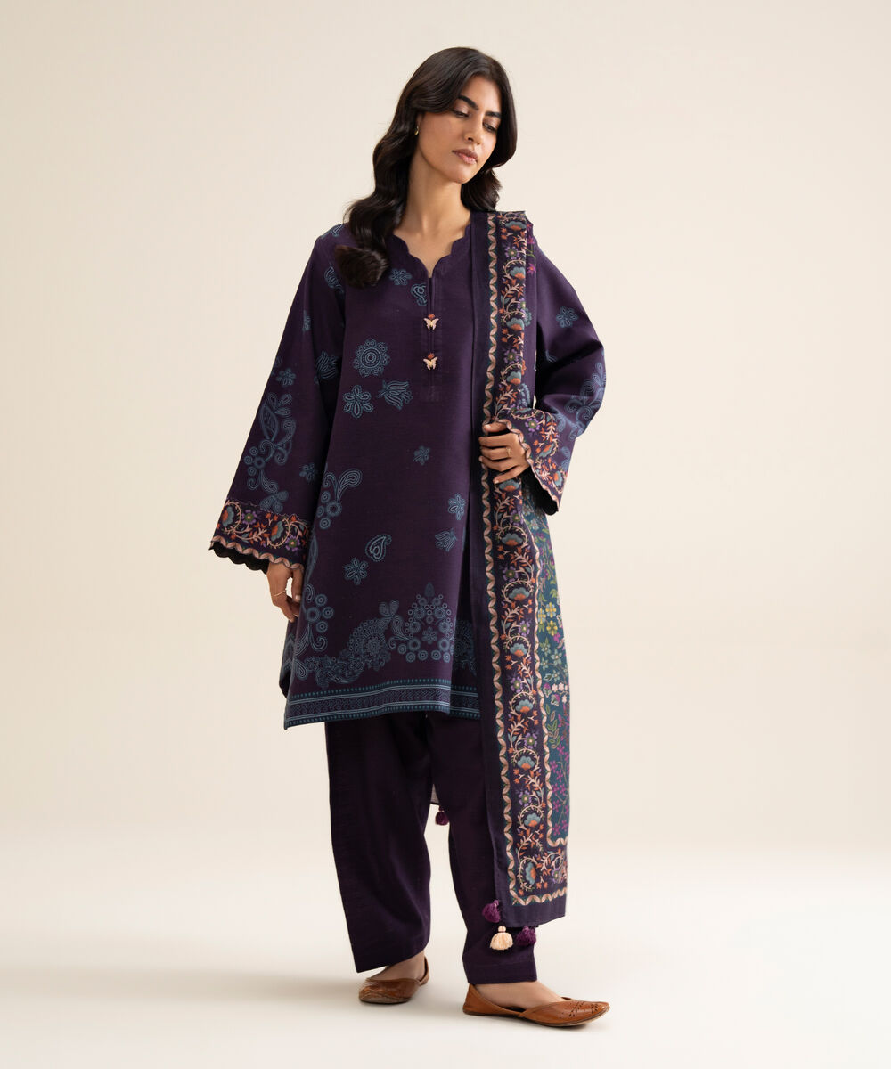 Women's Unstitched Premium Khaddar Printed Plum 3 Piece Suit