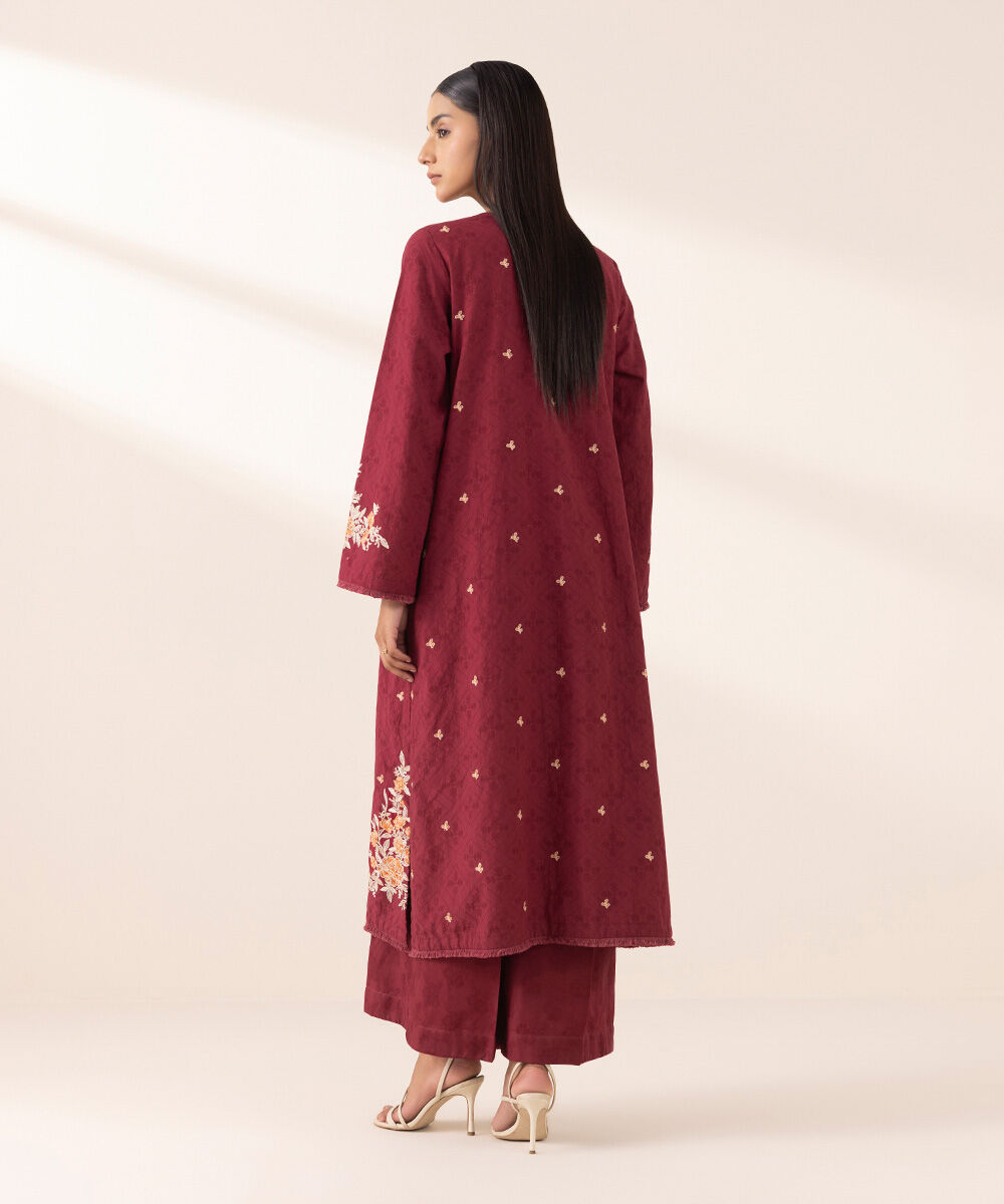 Women's Pret Yarn Dyed Red Embroidered A-Line Shirt