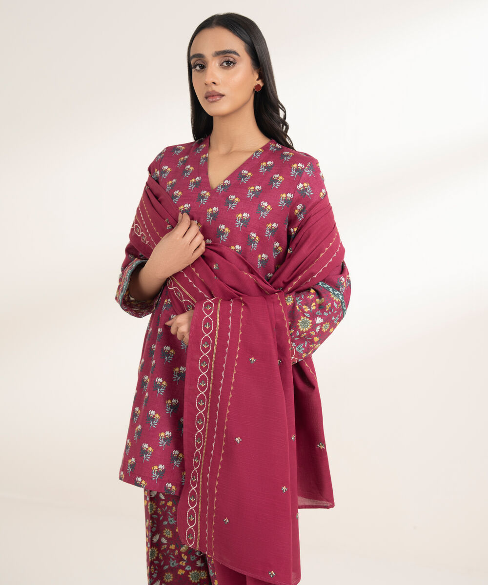Women's RTW Light Khaddar Embroidered Pink 3 Piece Suit