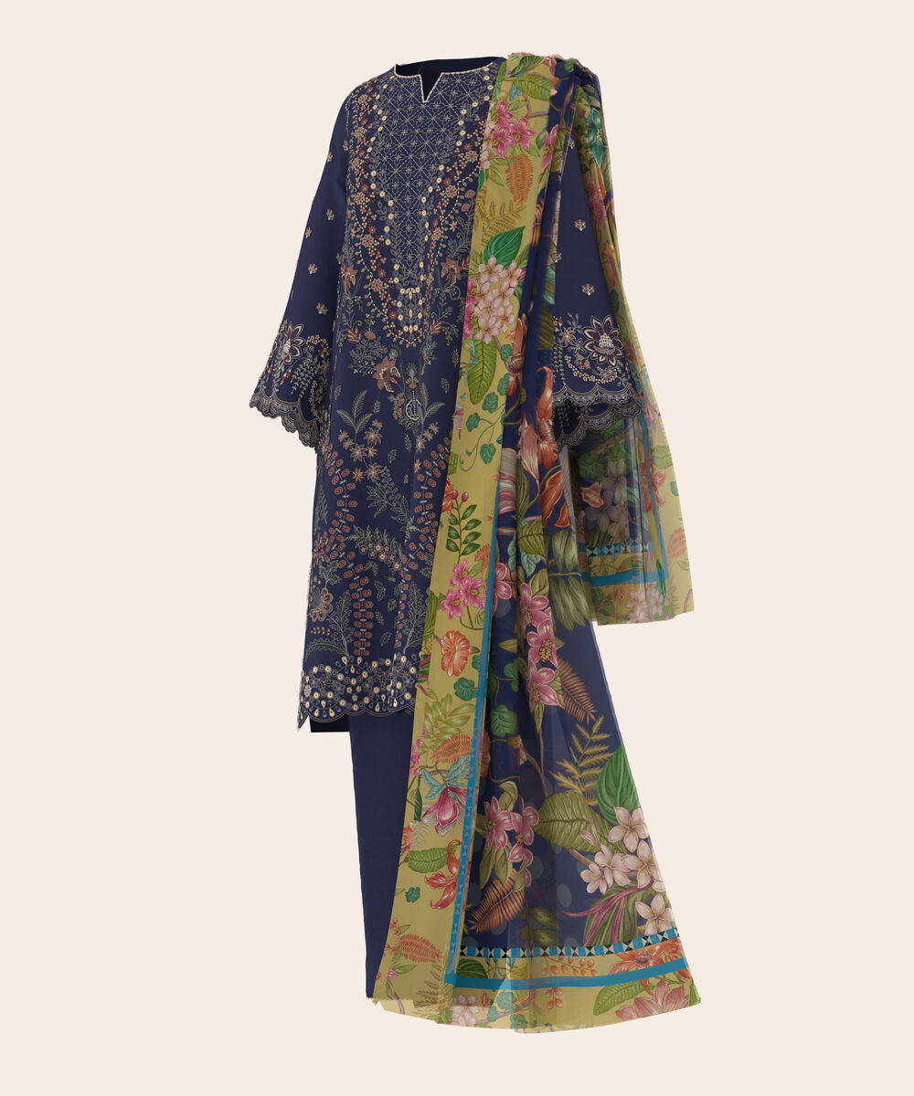 Women's Unstitched Self Jacquard Blue  Embroidered 3 Piece Suit