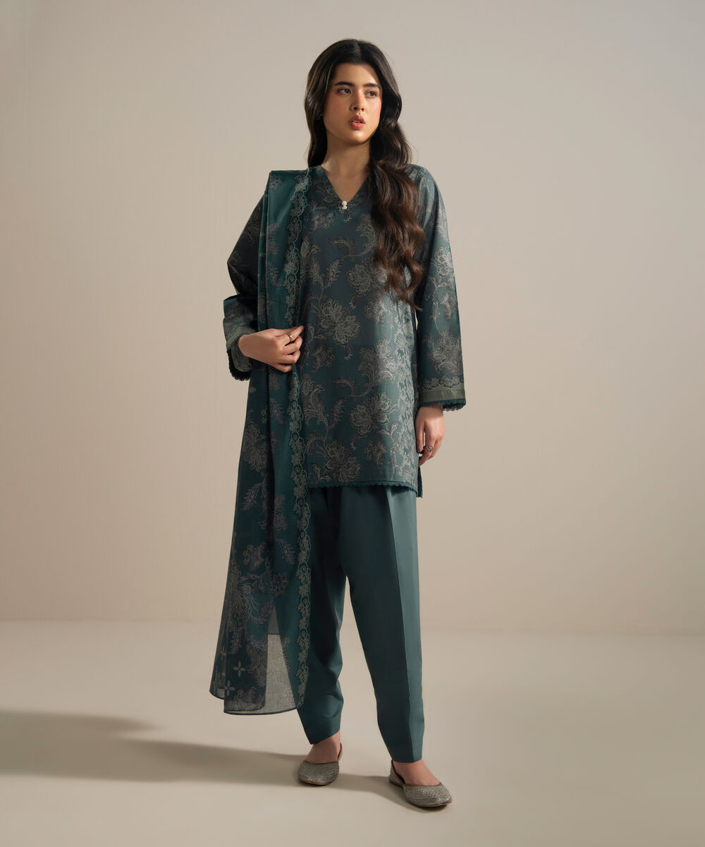 Women's RTW Cambric Printed Green 3 Piece Suit