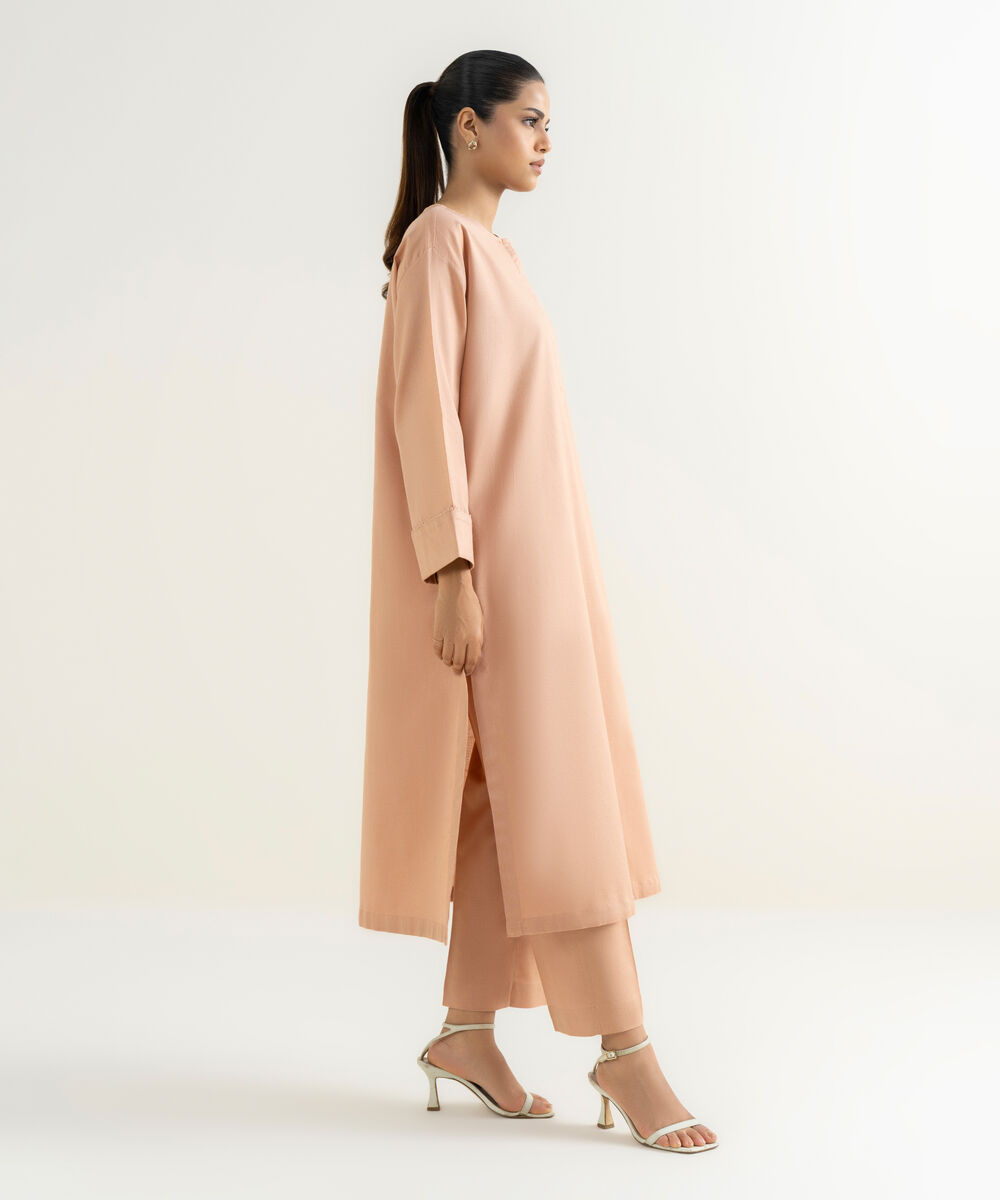 Women's RTW Cotton Linen Pink Solid Drop Shoulder Shirt