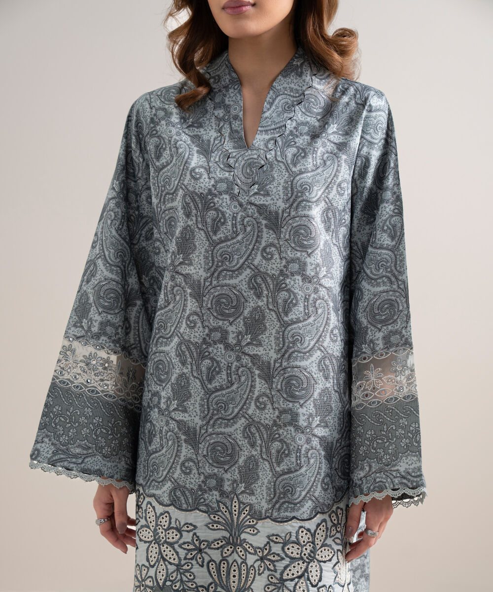 Women's Unstitched Zari Lawn Embroidered Grey 3 Piece Suit