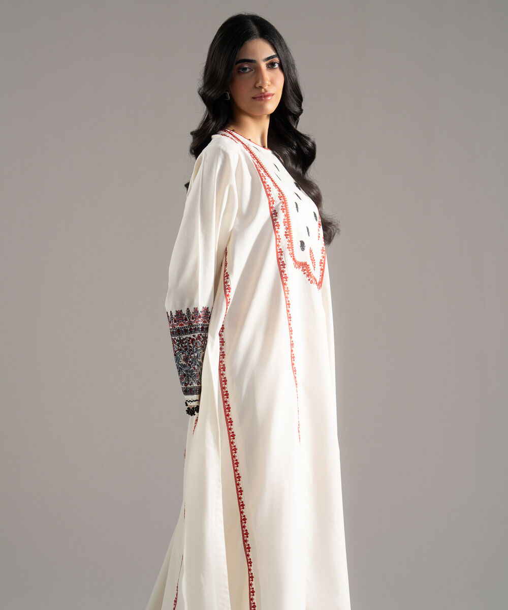 Women's RTW Solid Embroidered Cambric Off White A-Line Shirt