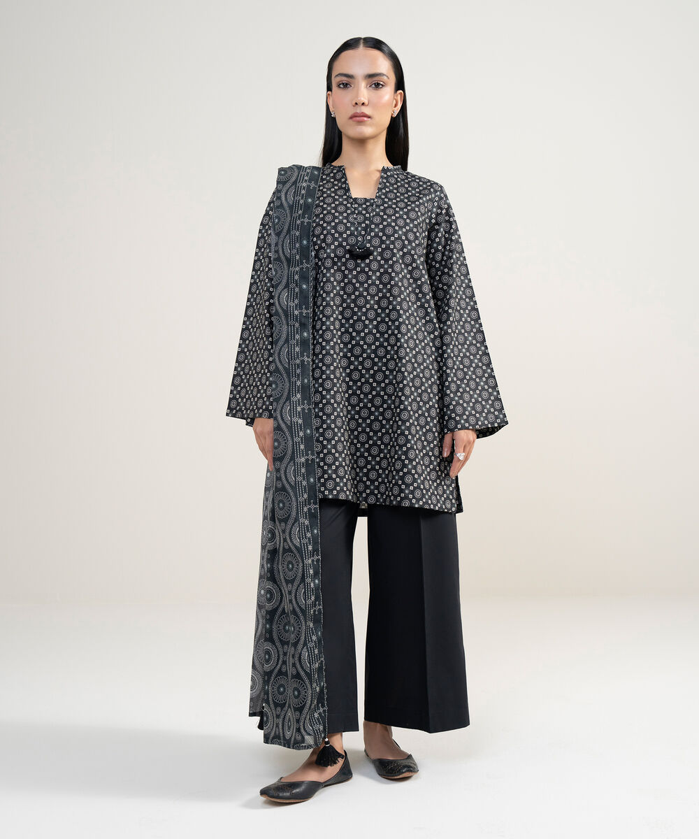 Women's RTW Cambric Printed Black Straight Shirt