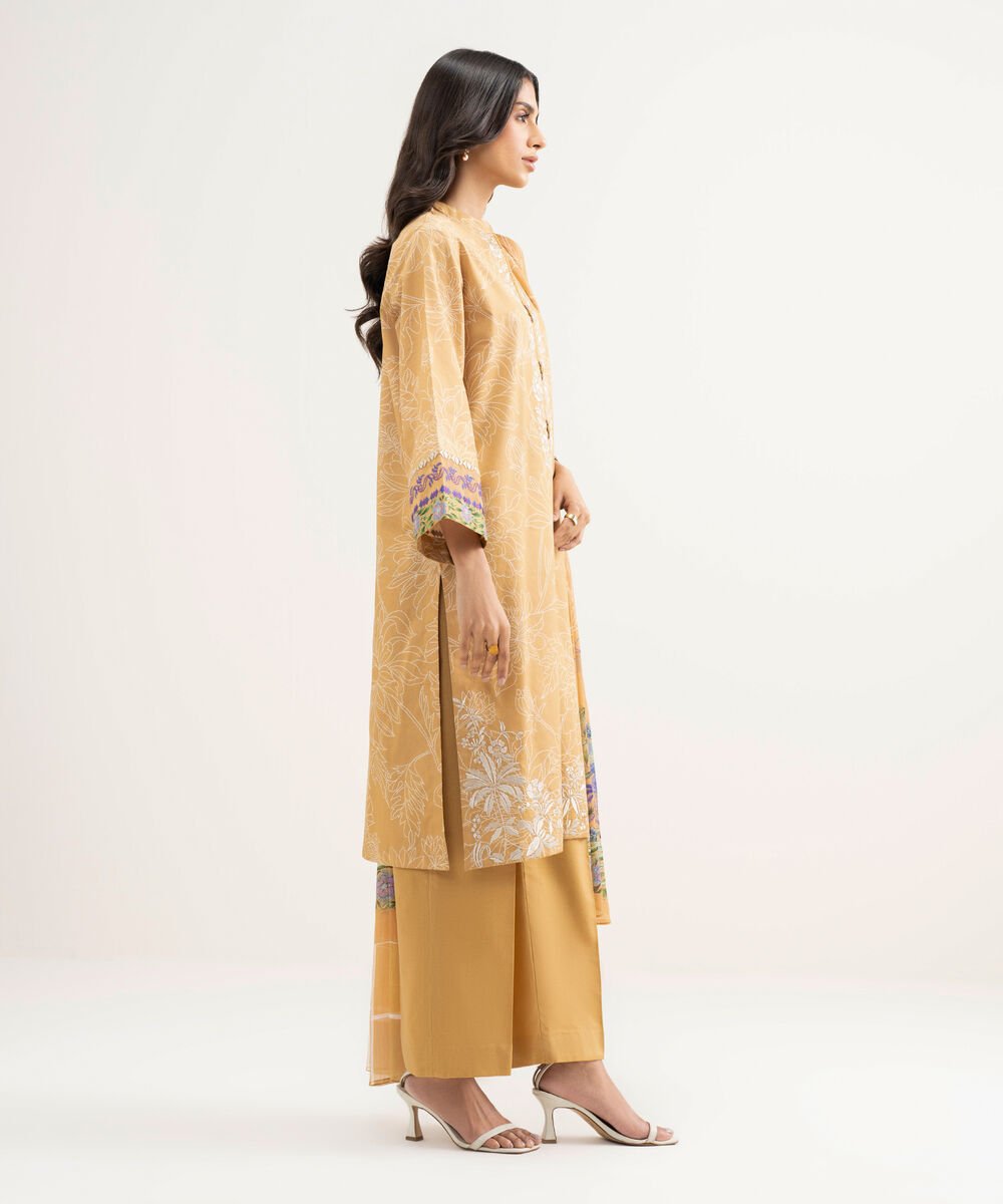 Women's Unstitched Lawn Embroidered Orange 3 Piece Suit