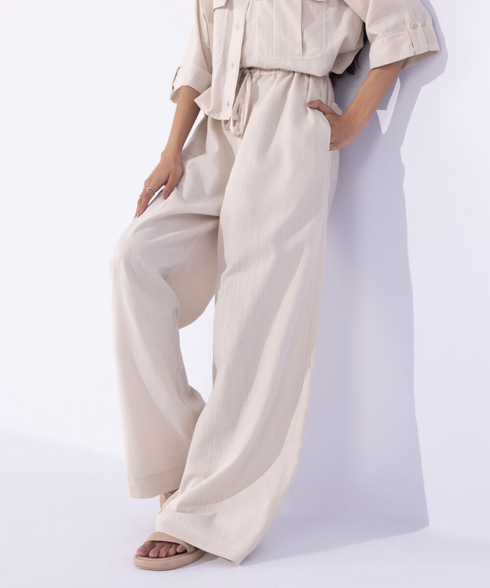 Women's Western Wear Beige Linen Blend Pull On Trousers