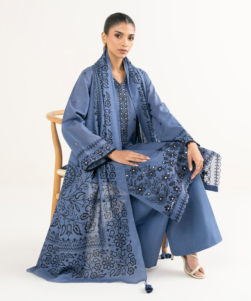 Women's Unstitched Light Khaddar Embroidered Blue 3 Piece Suit