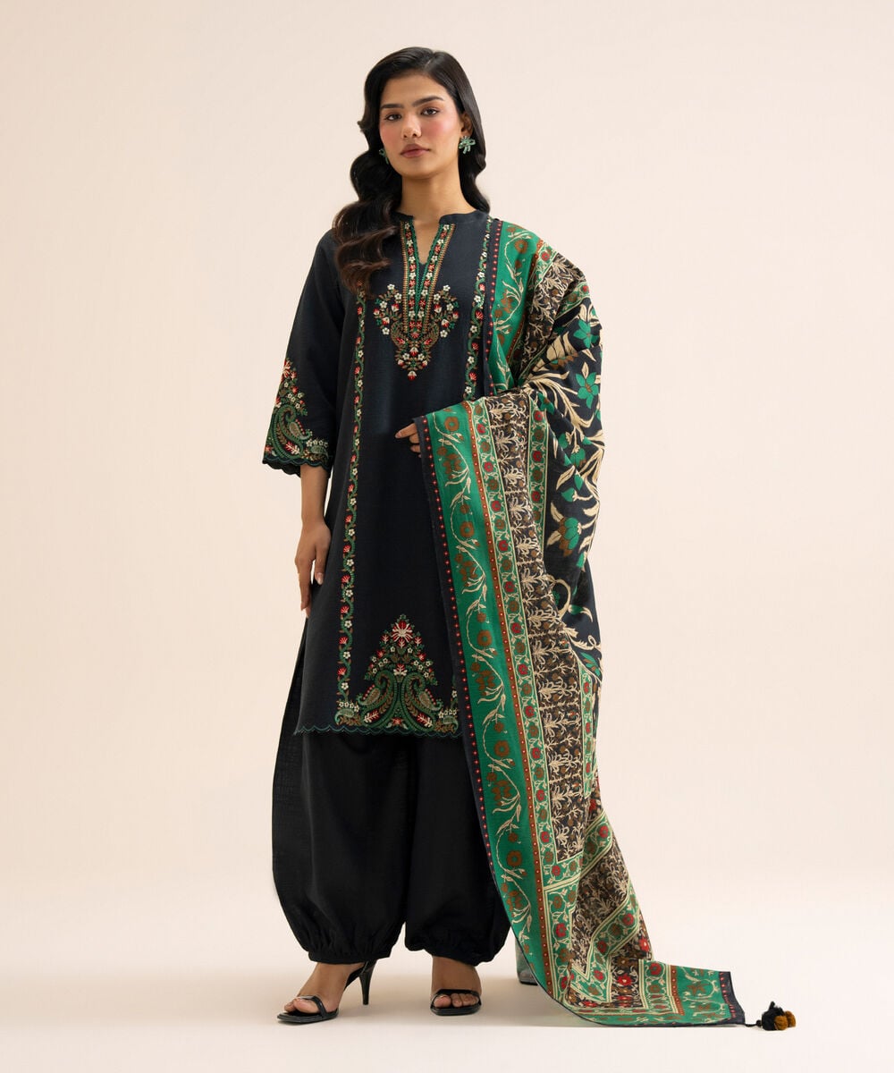 Women's Unstitched Light Khaddar Embroidered Green & Black 3 Piece Suit