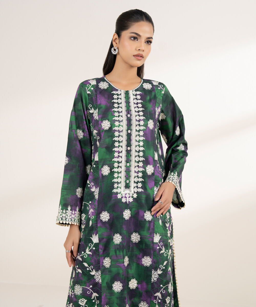 Women's RTW Lawn Green Embroidered A-Line Shirt